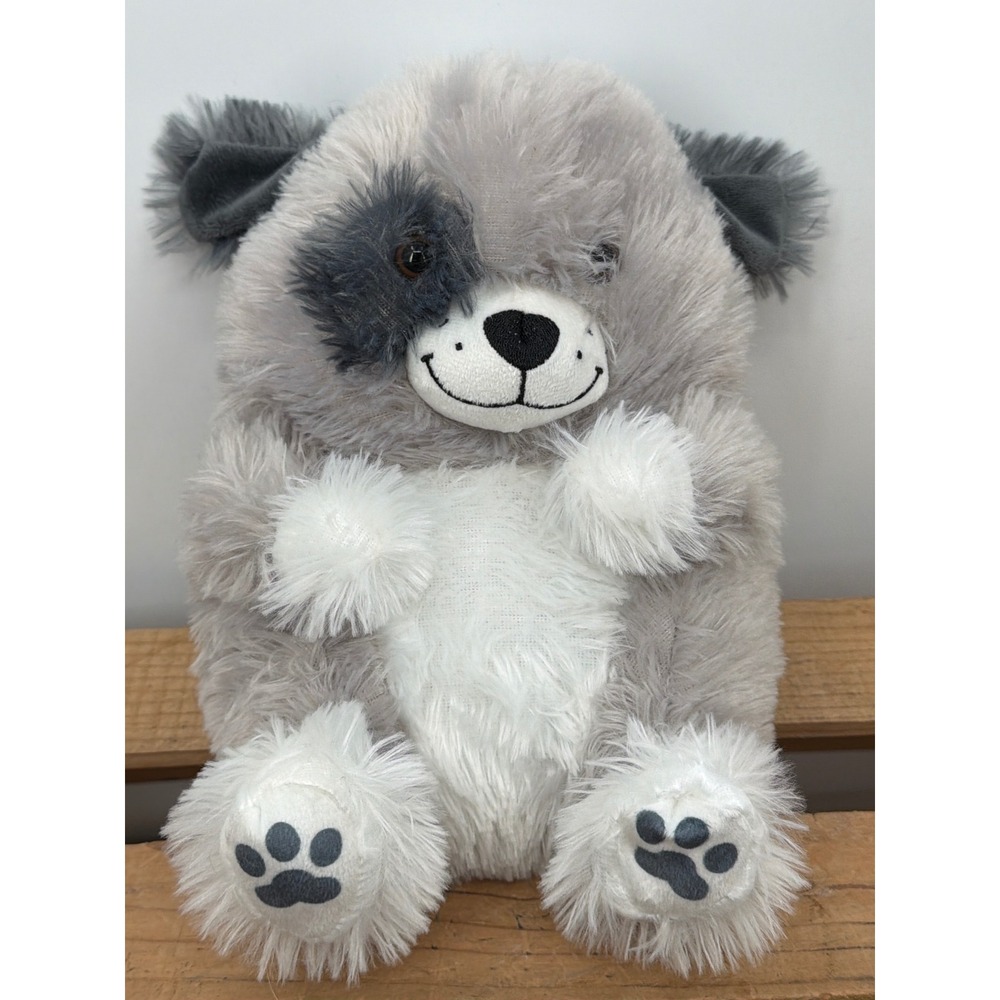 Goffa Grey White Shaggy Plush Puppy Dog Stuffed Animal Eye Patch‎ Paw Prints